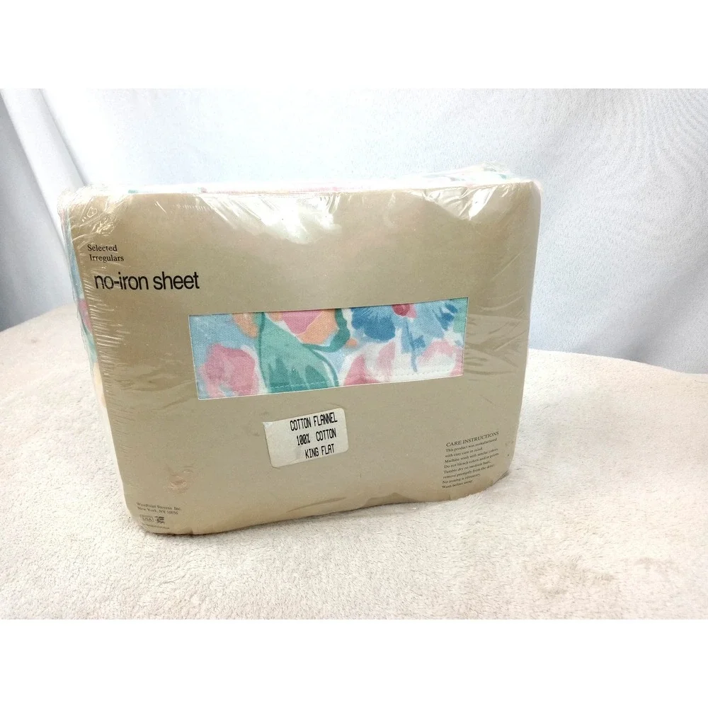 NOS Vintage Westpoint Stevens King Flat Sheet‎ Cotton Flannel Floral Irregular